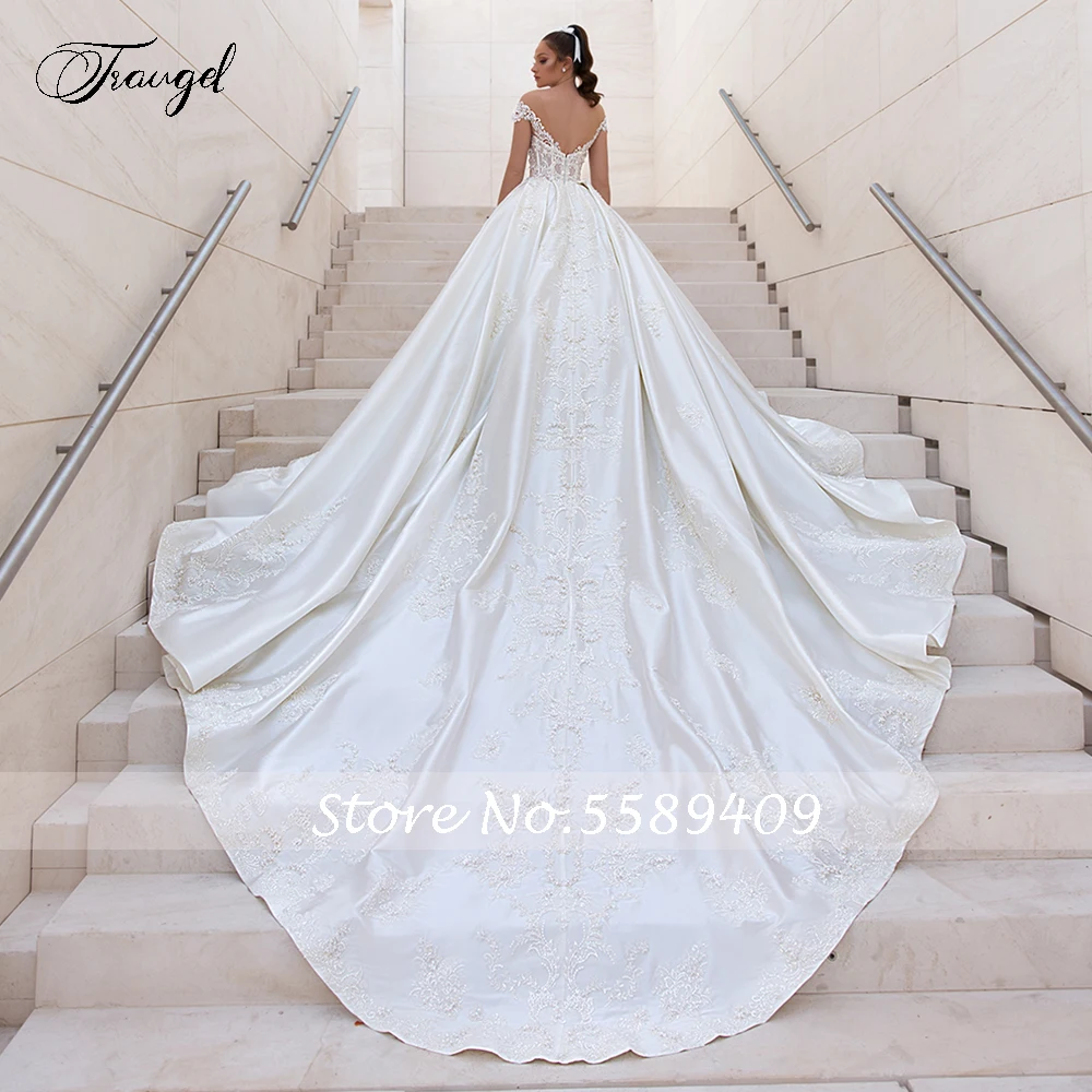 Traugel Sexy Backless A Line Satin Wedding Dresses Luxury Applique Sleeveless Bride Dress Cathedral Train Bridal Gown Plus Size