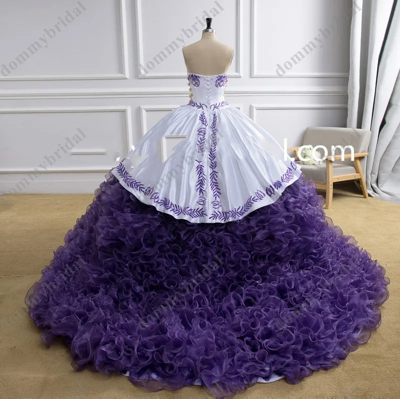 Elegante branco e roxo vestido de baile para as meninas da festa de aniversário formal quinceanera querida babados frisado doce 15 16