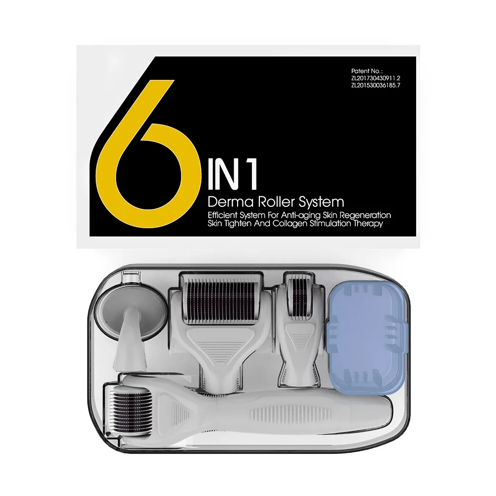 مجموعة أسطوانة ديرما ميكرونيدل 6 في 1 للوجه والجسم 300/720/1200 من التيتانيوم ديرمارولر بإبرة دقيقة للعناية بالبشرة