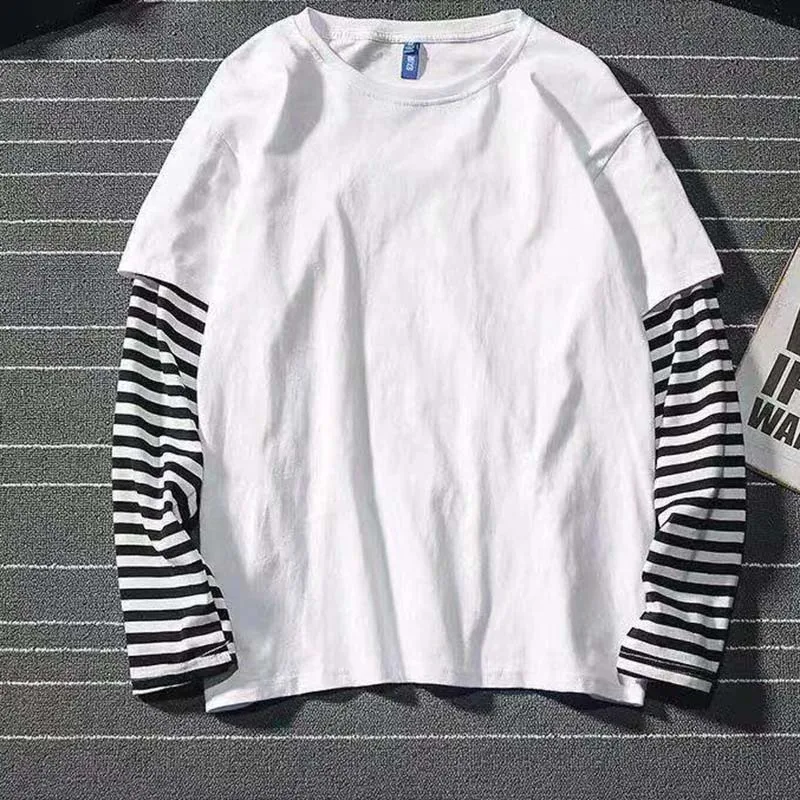 Fake Two Striped Color Matching Stitching Long Sleeve Women  T-shirt 2020 Autumn Winter Hip Hop Style Couple Bottoming Shirt