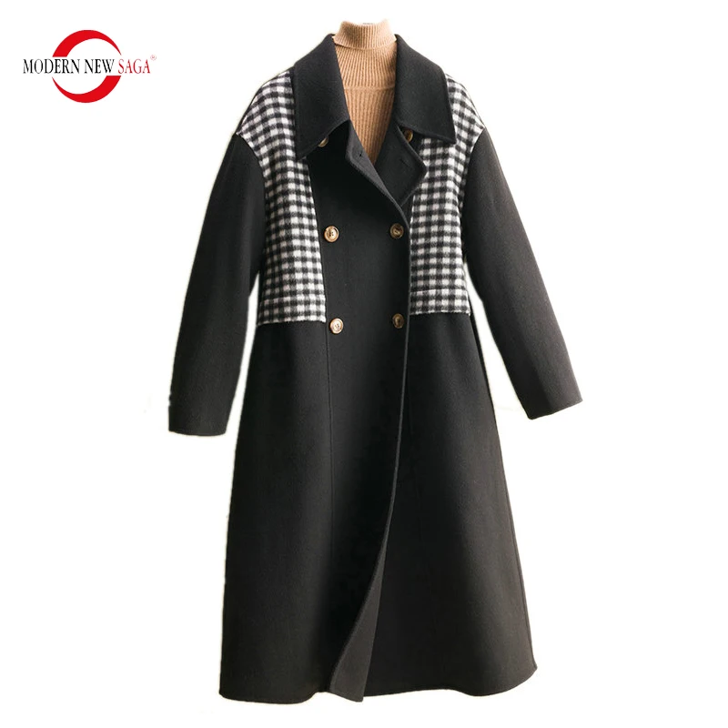 MODERN NEW SAGA 100% Wool Women Coat Autumn Woolen Loose Plaid Coat Tweed Long Jacket Lady Winter Fashion Luxury Wool Long Coats