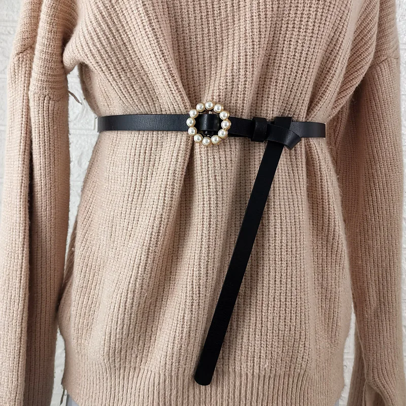 

New Design Knot Belts for women Gold Alloy Pearl Buckle Belt soft narrow strap PU leather sweater belts solid dress jeans girl