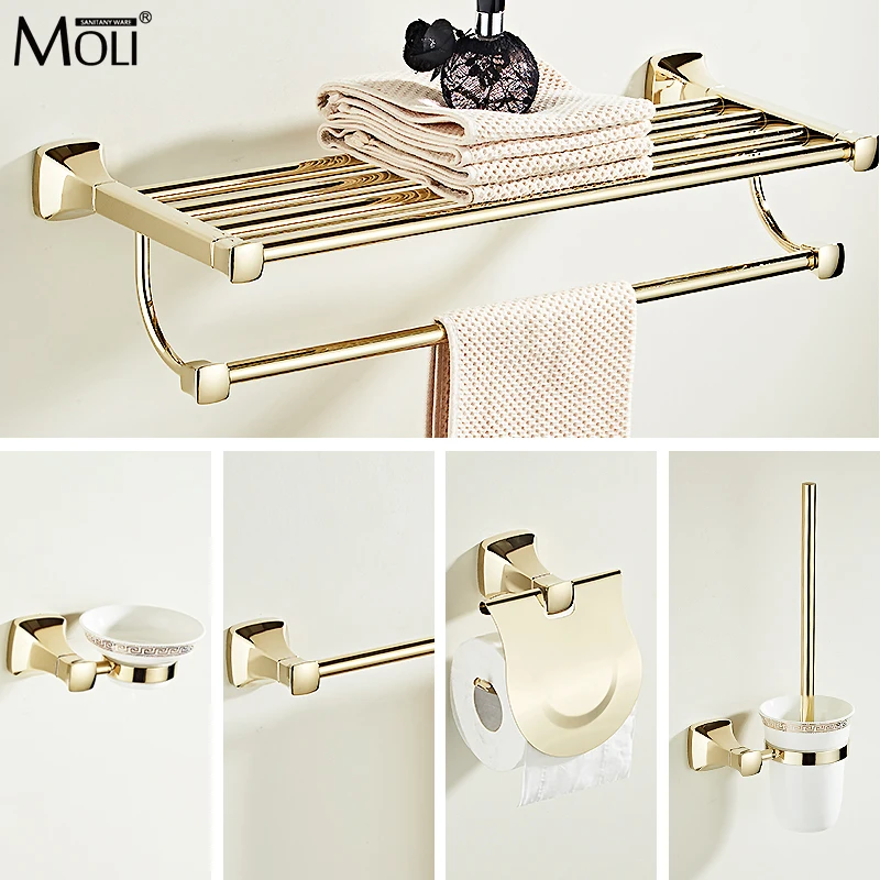 

Luxury Gold Bathroom Accessories Set 304 Stainless Steel Bathroom Towel Shelf Bath Toilet Paper Holder Soap Basket MLG8530