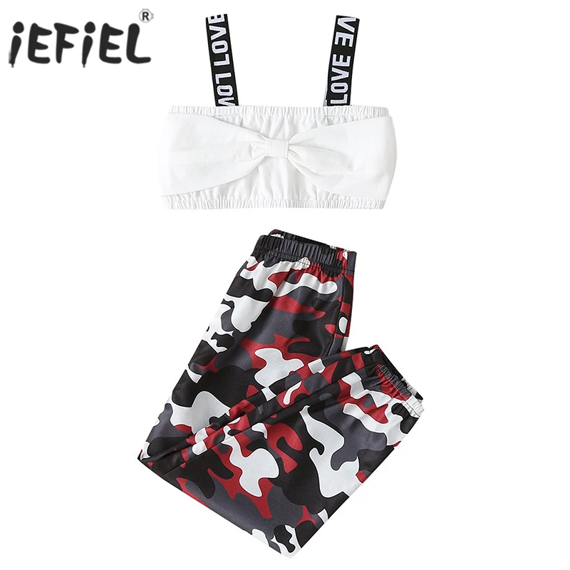 

2-7Y Kids Girls Clothes Bowknot Letter Print Crop Tops+Camouflage Pants Children Clothing Summer Workout Dancewear Sports Sets