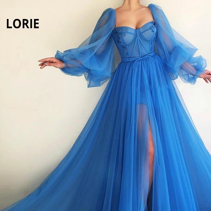 LORIE Blue Prom Dresses Sweeteart Appliques Long Puff Sleeves Tulle Split Arabic Evening Gown Corset Party Dress 2024 Customized