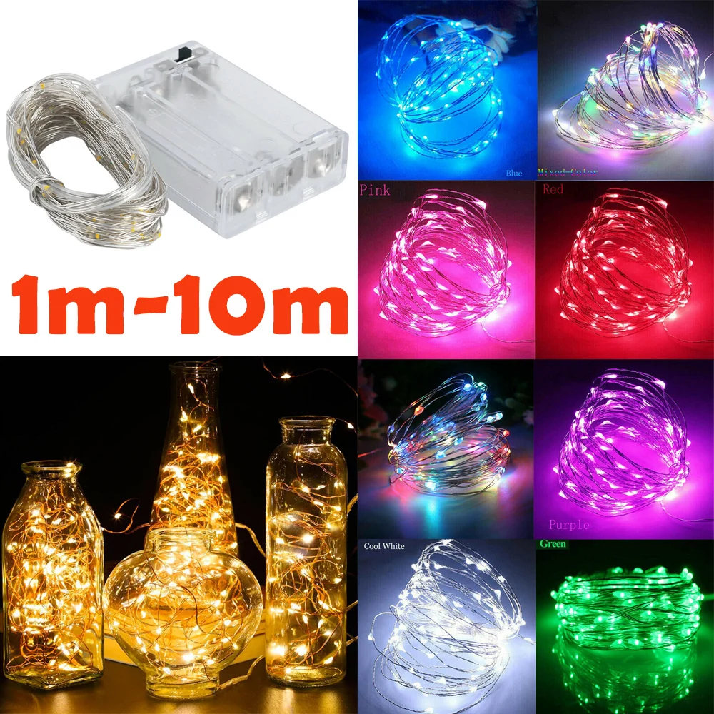 Cadena de luces LED de 1m-10m, luces de hadas de 9 colores, 10-100LEDs, alambre de cobre alimentado por batería para boda, decoración de fiesta de