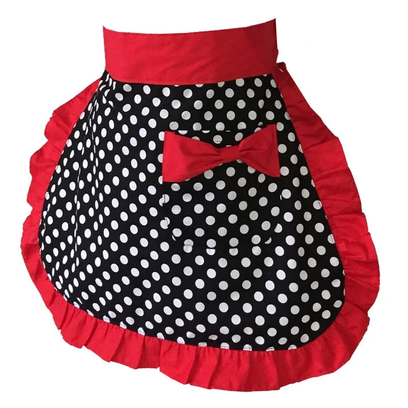 Black Sexy Waist Apron with Pocket, Polka Dot Ruffle Side Cotton Kitchen Cooking Waitress Server Half Aprons Women Girl C1A18