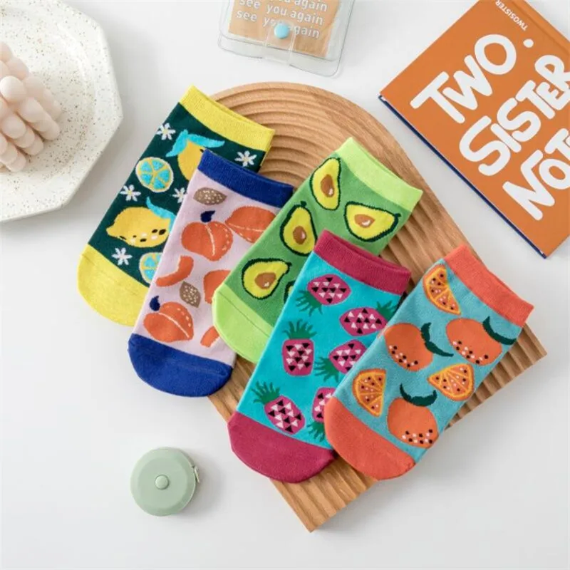 

5Pairs Women Fruit Ankle Socks Summer Summer Colorful Avocado Peach Pineapple Animal Socks Korean Style Cotton Short Sock