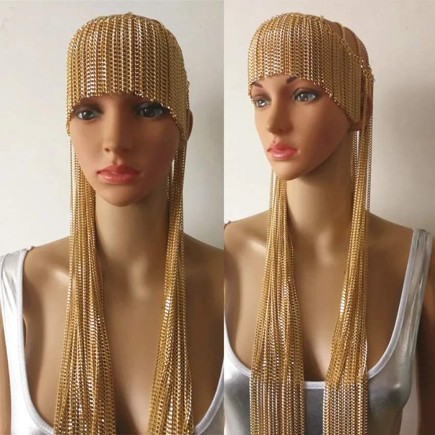 

Bar Nightclub Female Singer DJ Head Chains Punk Exaggerated Iron Chain Tassels Headgear For Dancer Cosplay Accessories DWY3313