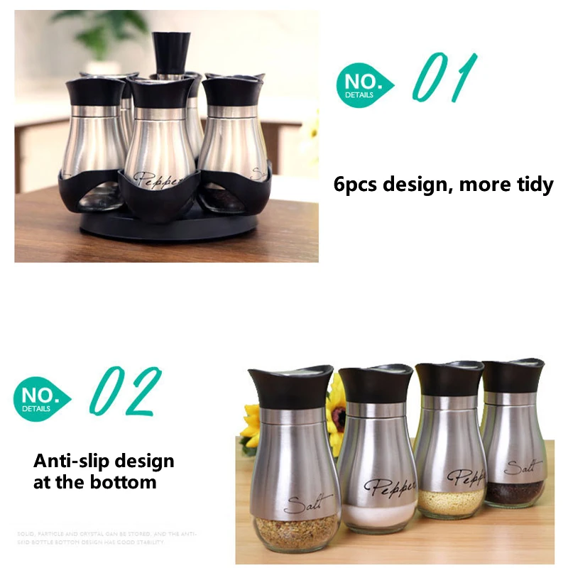 Rotating Cruet Condiment Seasoning Jars Set Spice Jar Glass Organizer Pepper Shakers  Kitchen Storage Rack Organizer