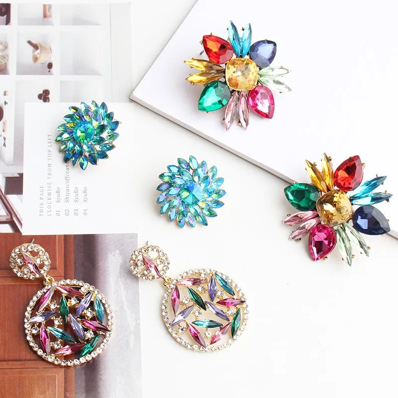 Fashion Rainbow Multi Color Rhinestone Dangle Earrings for Women Luxury Bohemian Colorful Glass Drop Earring Jewelry