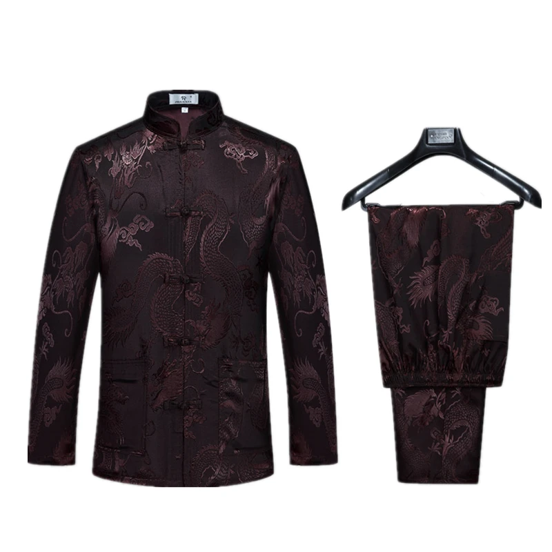 

Dragon Kung Fu Suit High Quality Silk Wu Shu Tai Chi Sets Brown Chinese Traditiona Men's Tang Suit Sets Long Sleeve Long Pants