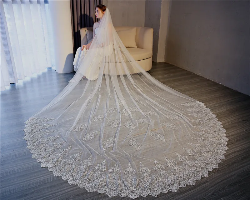 New Arrival Lace Applique White Ivory Cathedral Wedding Veils Long Bride mariage Sexy Wedding accessories Tocado novia Braut