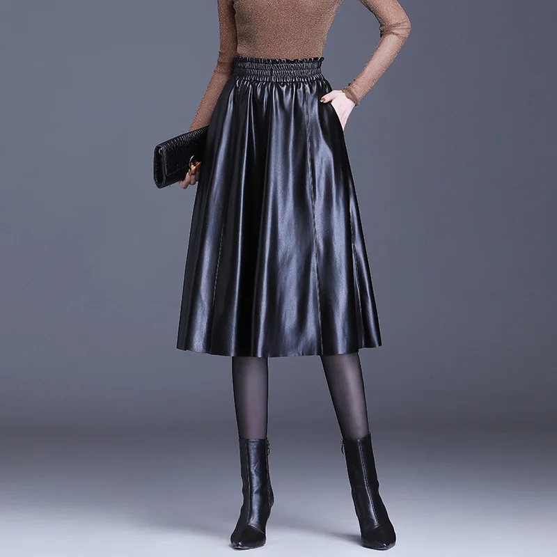 Autumn Women pu leather skirt Elastic waist ladies Large Swing Long Skirt winter faux leather spring female Split skirt Black