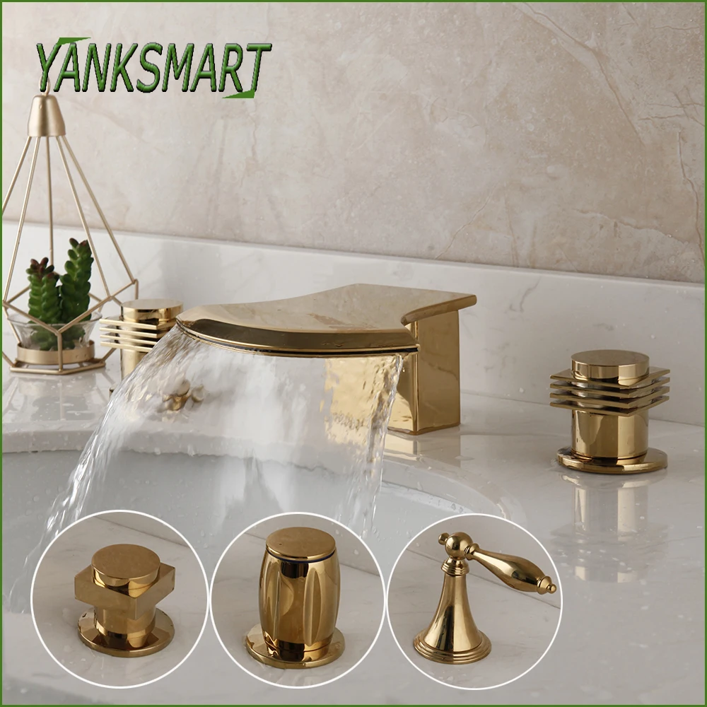 

YANKSMART Gold Plated Bathroom Bathtub Faucets Waterfall Spout 3 Pcs Dual Handles Faucet Deck Mount Hot & Cold Mixer Water Tap