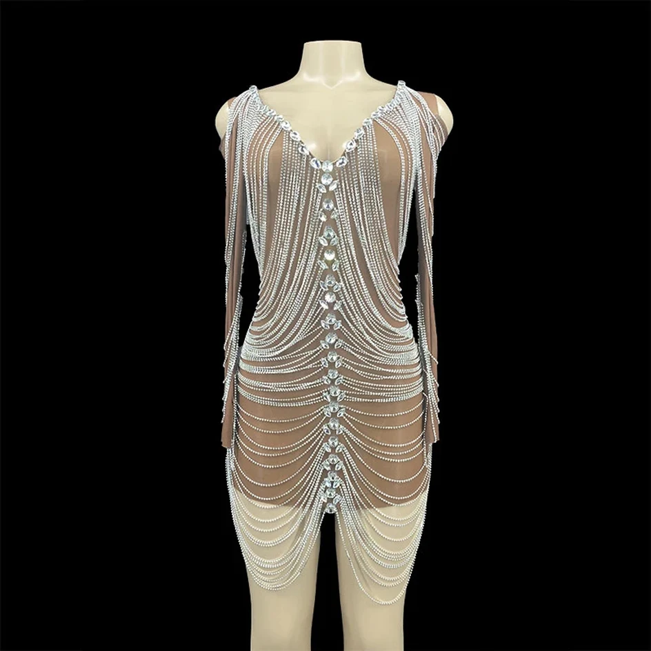 

Sexy Luxury Fashion Stage Show Dress Long Sleeve Silver Rhinestone Chain Dresses Evening Birthday Transparent Outfit