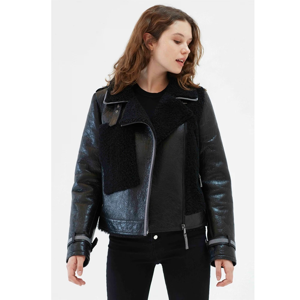 Denny & Dora Blouson aviateur en cuir court pour femme, manteau en peau de mouton noire, manteau en laine de dinde, manteau en fourrure