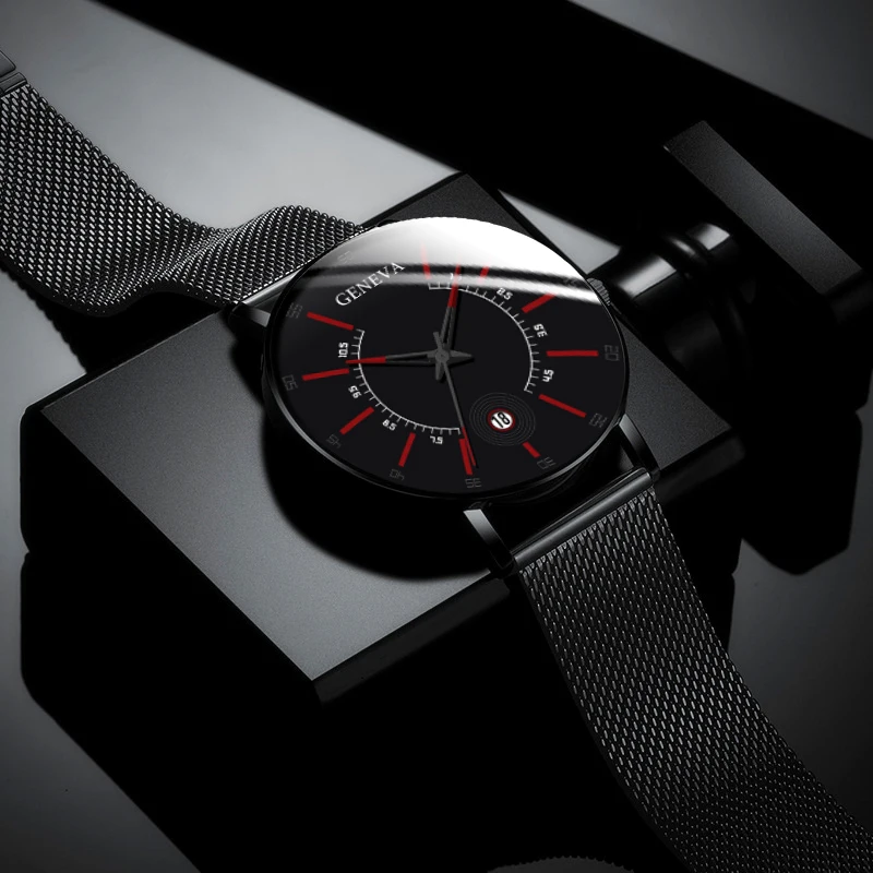 GENEVA Top Brand Luxury Watch Men Business Measuring Cool Calendar Thin Steel Mesh Band Quartz Watch Male Fashion Clock Relogio