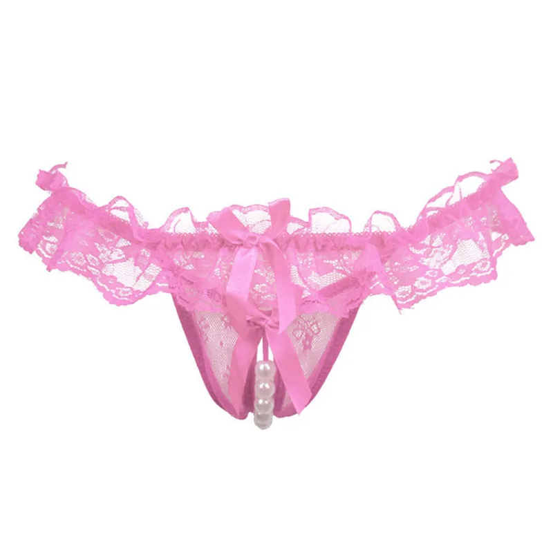 Sexy Crotchless Underwear Faux Pearl Women\'s G-String Thongs Briefs Panties Hot Erotic Women Lingerie String Lace Bowknot