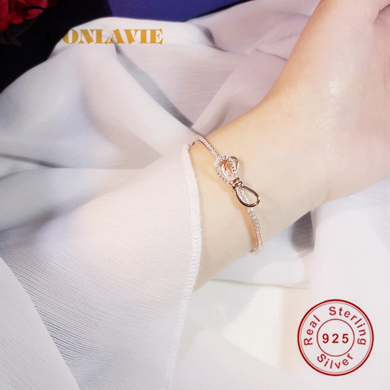 

BONLAVIE S925 Sterling Silver Bow Bracelet Women's Fashion Rose Gold Zircon Bracelet Cute Jewelry