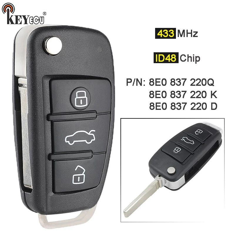 

Брелок дистанционного управления KEYECU 433 МГц ID48 чип 8E0 837 220 Q / 8E0 837 220 K / D для Audi A6L Q7 A4 Avant S4 Quattro RS4 2005-2009