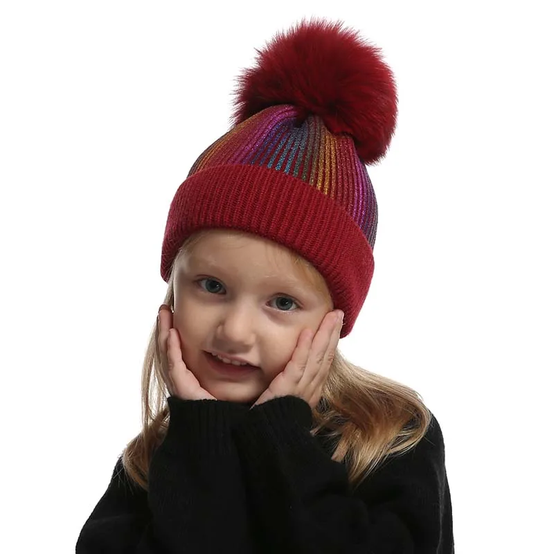 Baby Girl boy Winter Fox Fur Pompom Hat For Kids Cashmere Wool Knitted Beanie Cap Rainbow Print Skullies Beanies