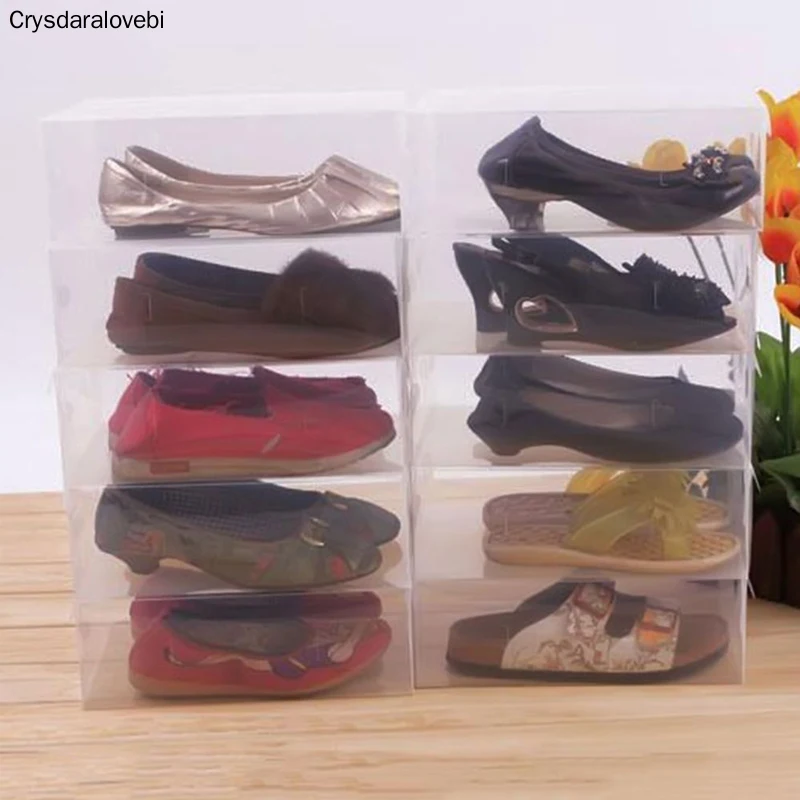 10pcs/lot Clear Plastic Shoes Storage Box Foldable Drawer Type Box For children women men Shoes Organizer