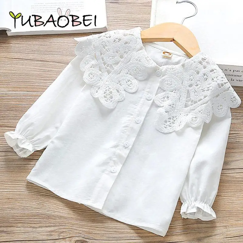 Spring Autumn Girls White Shirt Korean Fashion All-Match Children\'s Long-Sleeved T-Shirt Cotton Lace Top Clothes