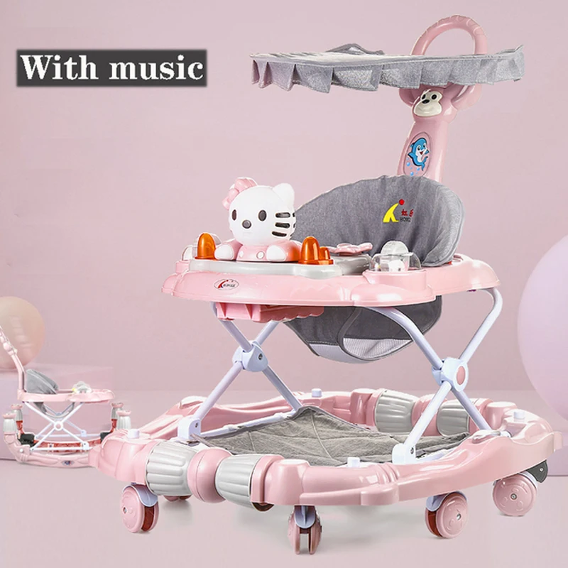 Foldable Baby Walker With Toy Anti-rollover Musical Walker Hand Push Trolley Rocking Horse For 6-18month