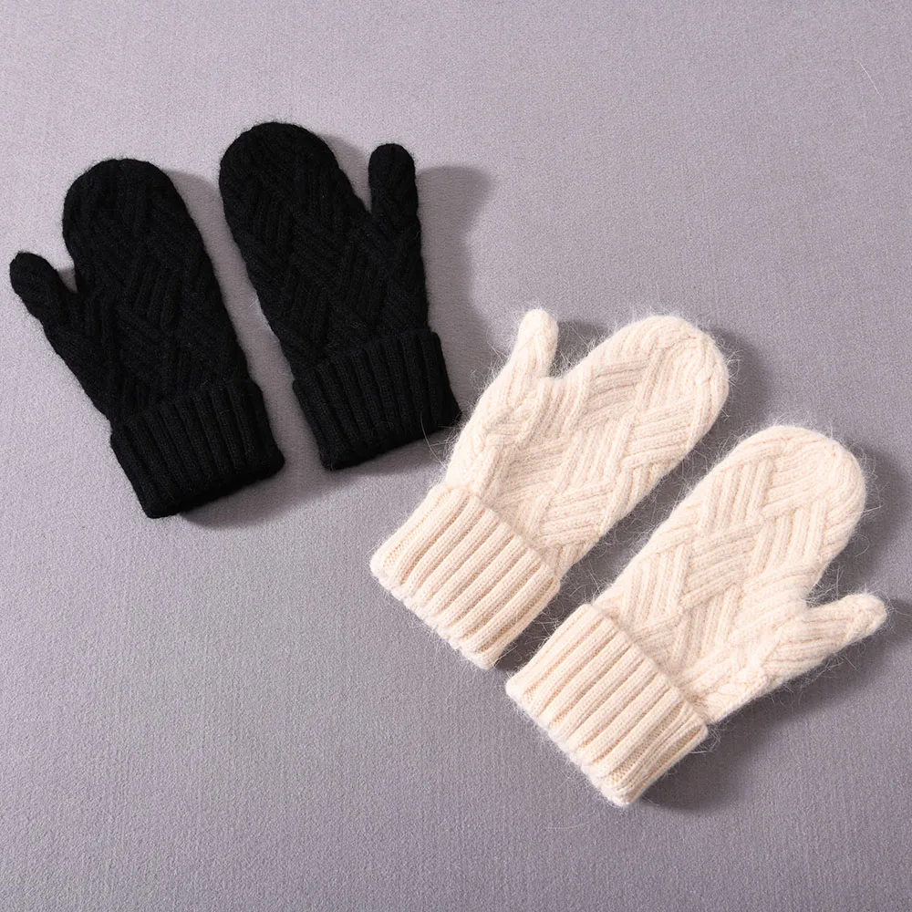 Jxwatcher Women Cashmere Knit Mittens High Quality Winter Female Wool Thickening Plush Fashion Warm Full Finger Gloves Female