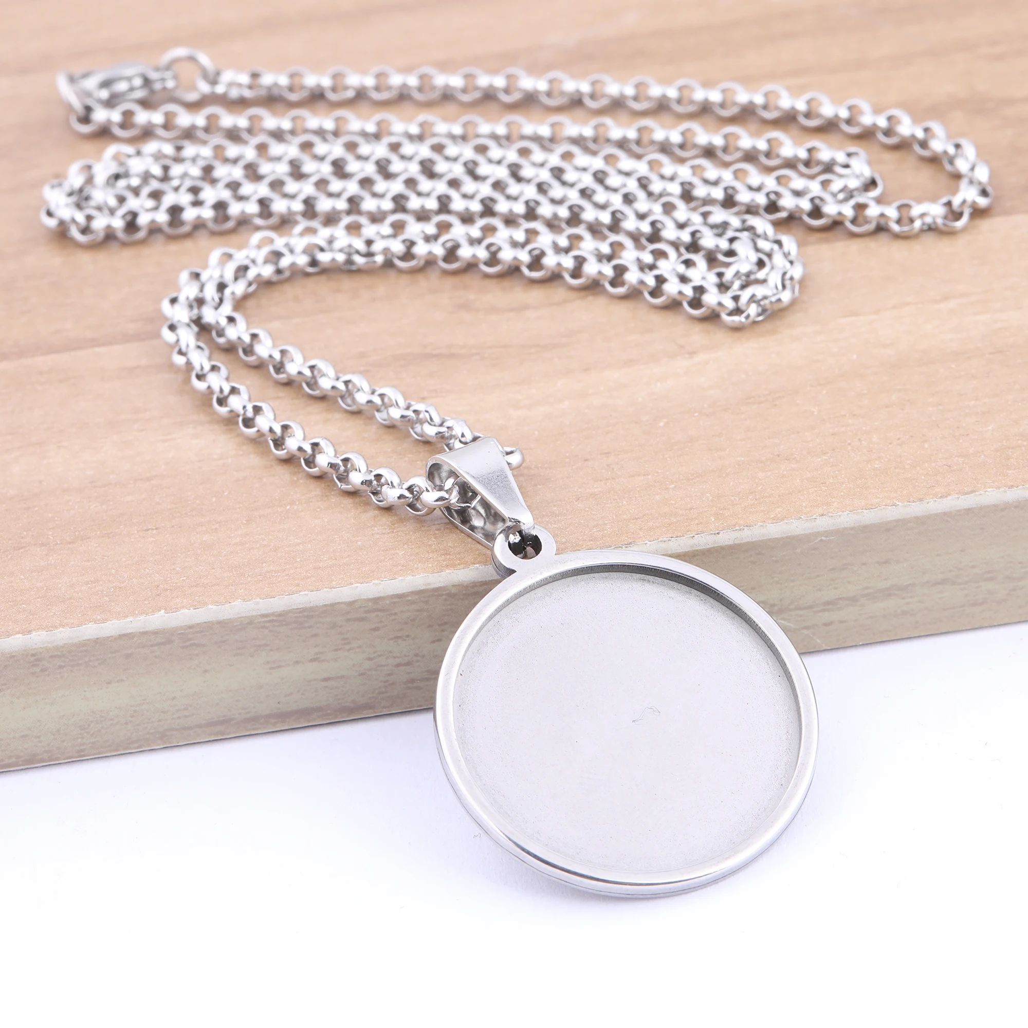 2pcs stainless steel 63cm long chain necklace bezel blanks fit 25mm 30mm 40mm cabochon pendant base setting trays diy findings