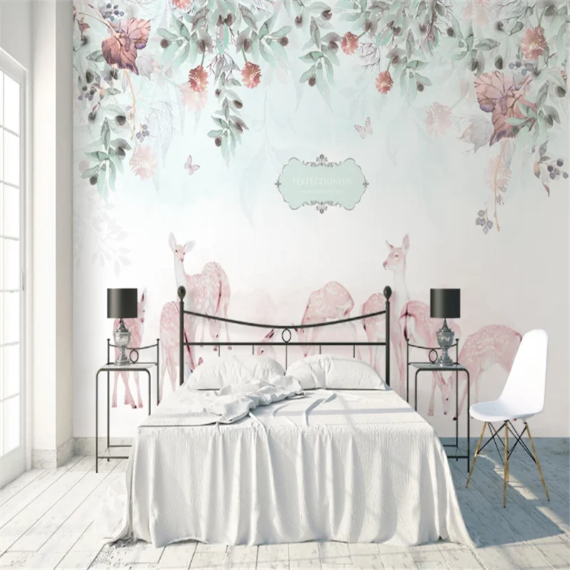 

Custom Mural Wallpaper Pastoral Fresh Flowers Elk Sofa TV Background Wall Painting