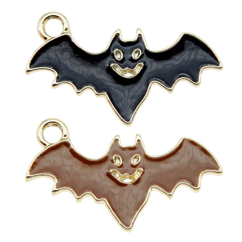 Julie Wang 6PCS Enamel Bat Charms Black Brown Cartoon Halloween Animal Pendants Alloy Necklace Bracelet Jewelry Making Accessory