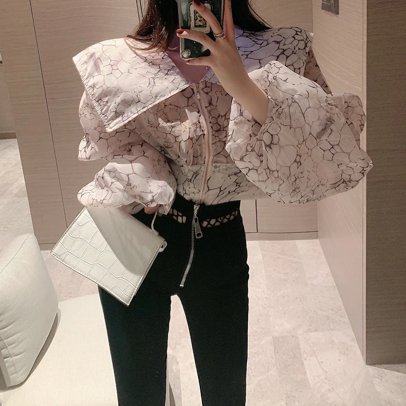 Autumn Women\'s Big Turn Down Collar Printing Shirt Fashion Female Lantern Sleeve Elegant Top Perspective Zipper Blouses Shirts