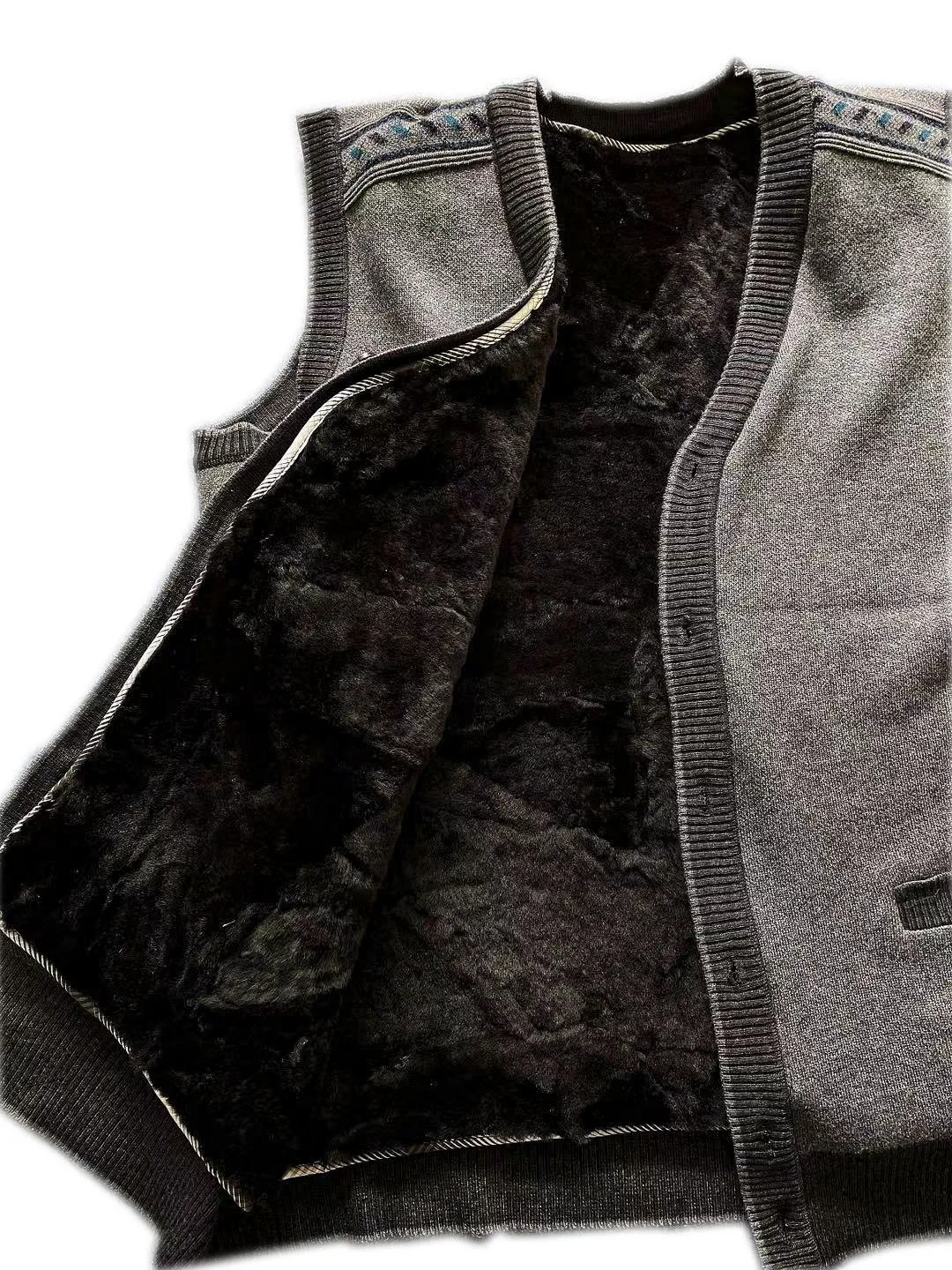 

2023 Men's Fur V-neck Knitted Leather Waistcoat Winter Thermal Vest