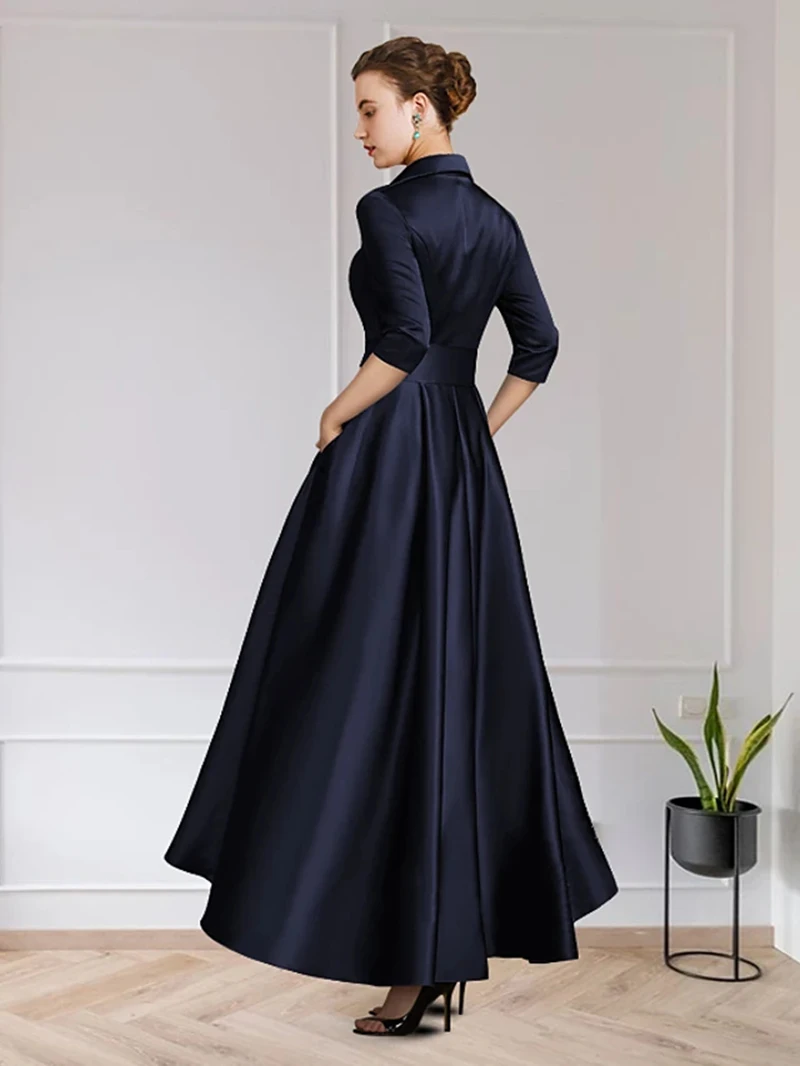 Charmante robe de mère de la mariée bleu marine foncé, manches 3/4, col en V, ceinture à nœud, fête de mariage, haut bas, en solde, 2023