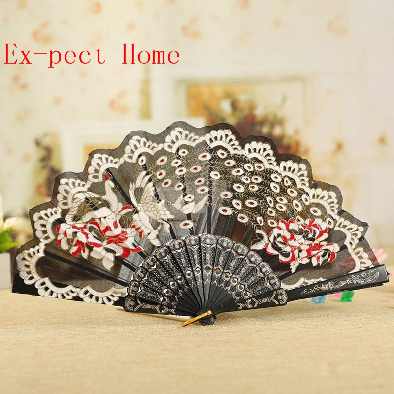 100pcs Spanish Victorian Hand Fan Floral Fabric Embroidered Peacock Tail Dance Fans Party Supplies For Gift