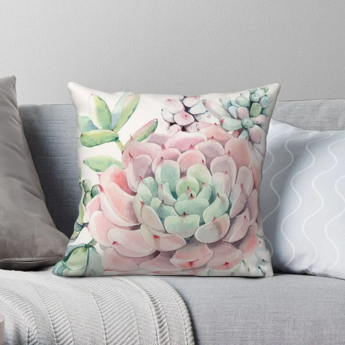 

Pretty Succulents Pink And Green Desert Succulent Square Pillowcase Polyester Linen Velvet Zip Car Cushion Cover