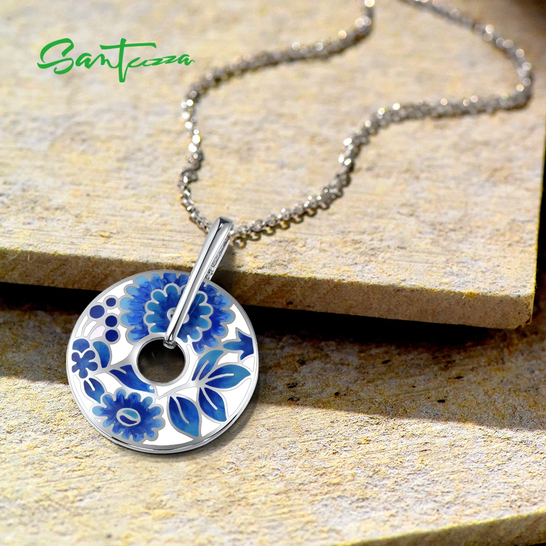 SANTUZZA Silver Pendant For Women Genuine 925 Sterling Silver Blue Enamel Flower Pendant Round Delicate Fine Jewelry Handmade