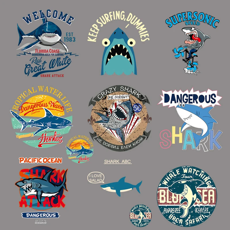 Fashion Shark Iron On Patches For DIY Heat Transfer Clothes T-shirt Thermal Transfer Stickers Decoration Printing For Children