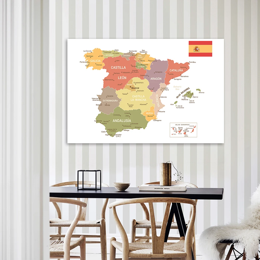 Mapa político da espanha, pintura em tela não-tecida, pôster de parede, decoração de escritório, material escolar, 150*100 cm, em espanhol