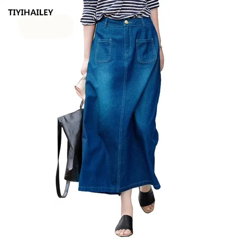 TIYIHAILEY Free Shipping Fashion Long Casual Denim Skirt Spring A-line Plus Size S-2XL Long Maxi Skirts For Women Jeans Skirts