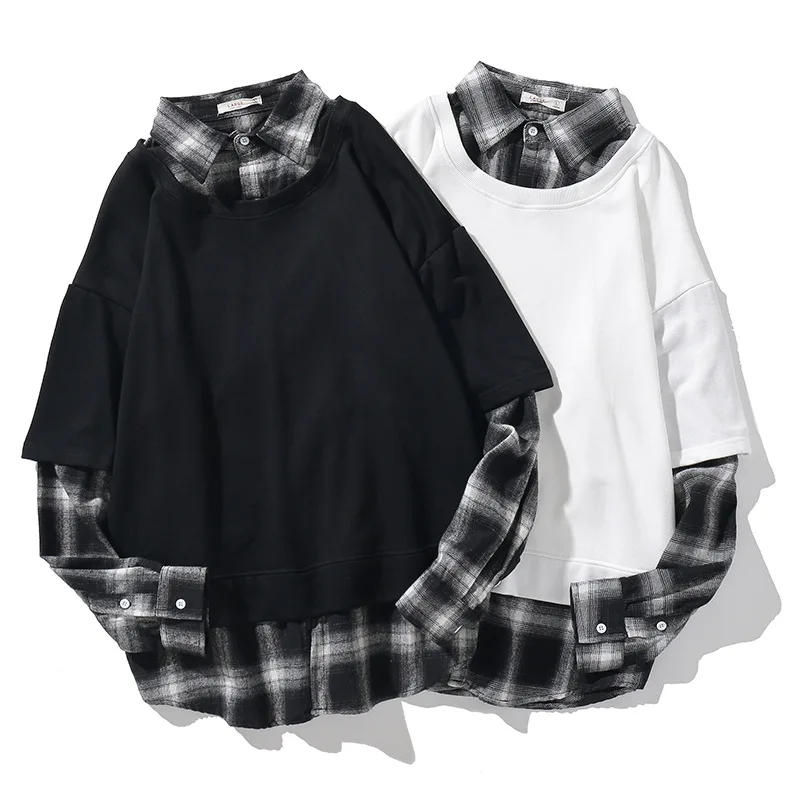 

Spring Fashion Men's Long Sleeve Plaid Shirts Vintage Fake-two-piece Harajuku Pullovers Male Casual Streewear Tops