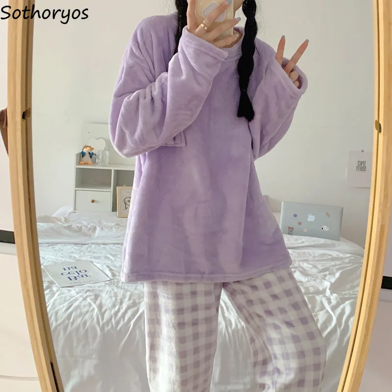 Flannel Plaid Pajama Sets Women Casual Nighty Fuzzy Winter Bundle Trousers Sweet Students Homewear Novelty Charming  Lounge Ins