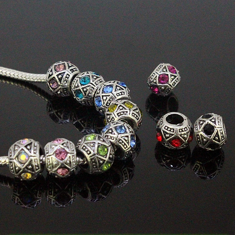 Wholesale 20pcs Tibetan Silver Cylinder Mixed Colors CZ Crystal Spacer European Big Hole Charms Beads For DIY Bracelet