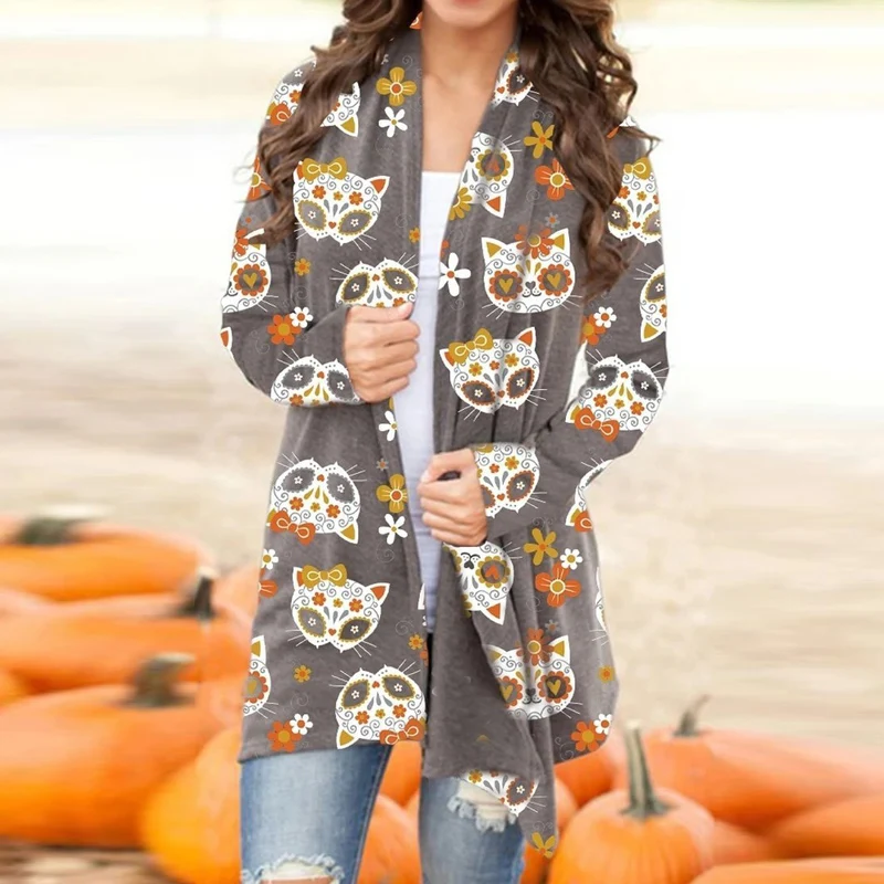 Halloween Skull Pumpkin Print Long Sleeve Cardigans Autumn Winter Casual Open Stitch Long Tops Ladies Elegant Cardigan Wholesale