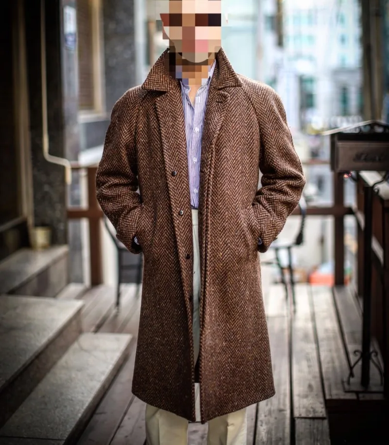 Tailored Men Overcoat Herringbone Houndstooth Woolen Irregular Woolen Overcoat Long Coat High Quality Fashion Formal Business