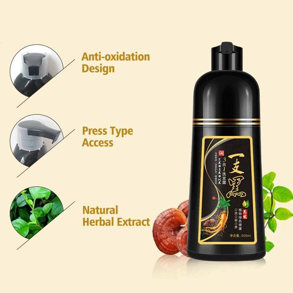 500ml Black Hair Color Dye Hair Shampoo Cream Organic Permanent Covers White Gray Shiny Natural Ginger Essence For Women Men