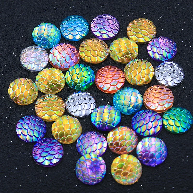 40pcs 12mm Mix Colors Charm Fish Scale Style Resin Flat Back Cabochons For Bracelet Earrings Accessorie