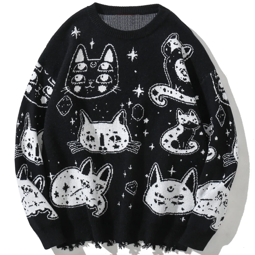 Aolamegs suéteres masculinos japoneses retrô fofos de gato o-pescoço jumpers estilo universitário avançado moda tops de malha soltos casuais